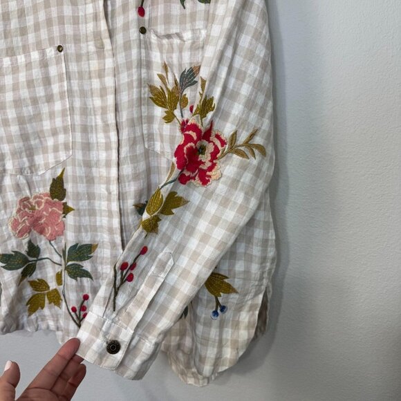 Johnny Was Workshop Adele Gingham Women's Overshirt Linen Embroidered Size Small - Picture 7 of 15
